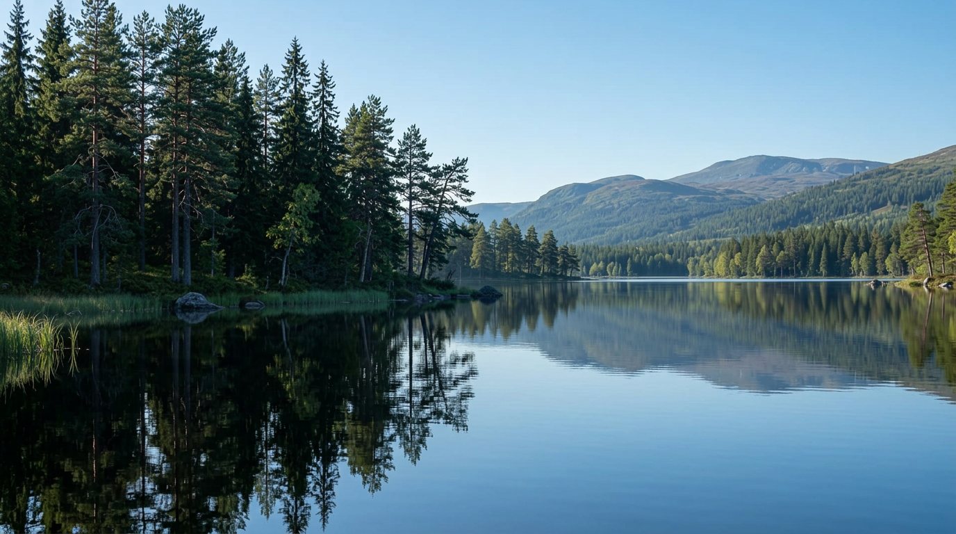A calm Nordic lake surrounded by pine forest